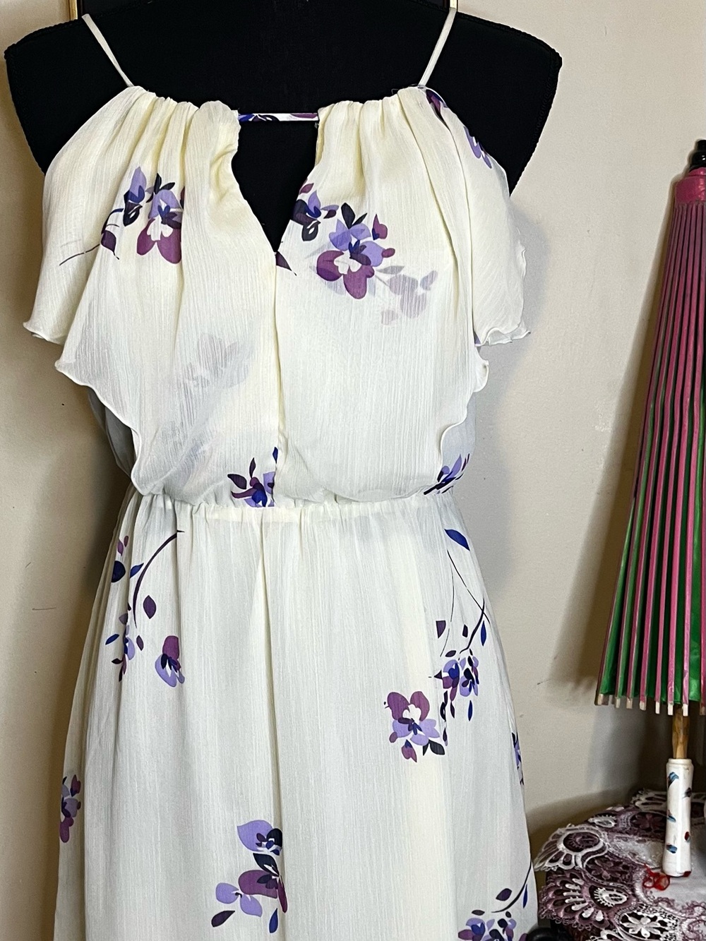 Old Navy Cream Floral Mini Dress with Purple Print